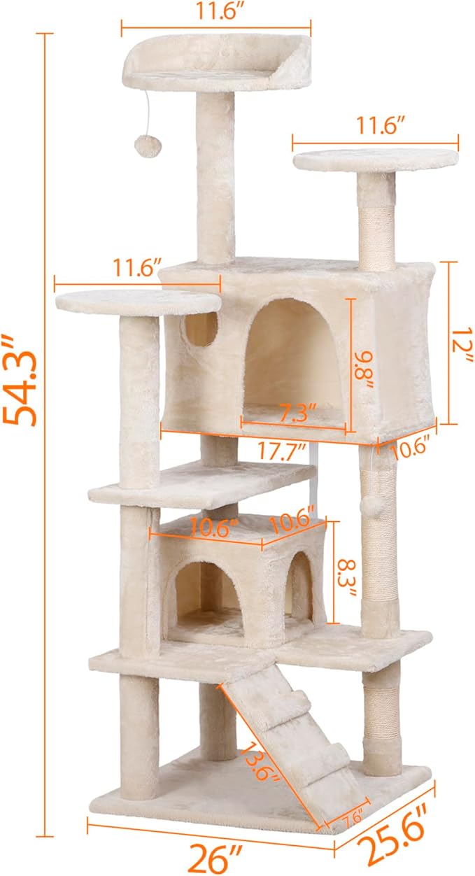 54in Cat Tree for Indoor Cats Multi-Level Condo Tower Bed Furniture Kitten Play House with Scratching Posts, Beige