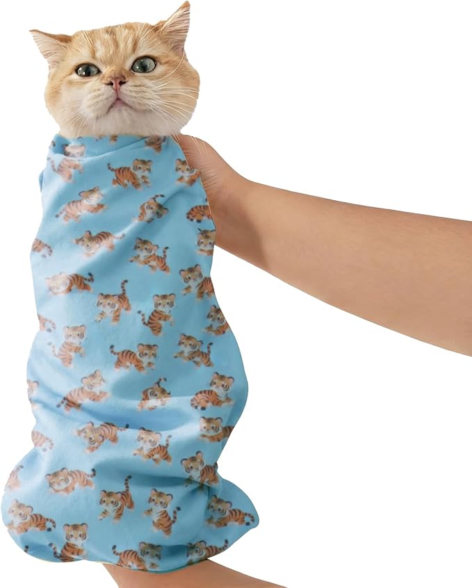 25.6" Cat Grooming Wrap,cat wrap for Cutting Nails,Self-Adhesive cat Swaddle wrap cat Restraint cat wrap Blanket for Medicine, Nail Clipping, Teeth Brushing, Blue Tiger(Within 10lbs)