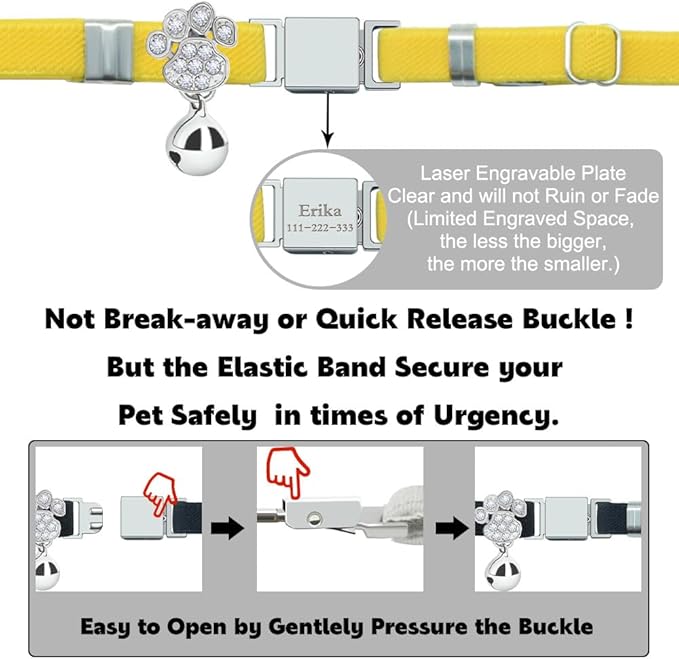 Personalized Safety Elastic Cat Collars with Bell,Laser Customized Stretch Kitten Collars for Girls Boys Cats-Yellow