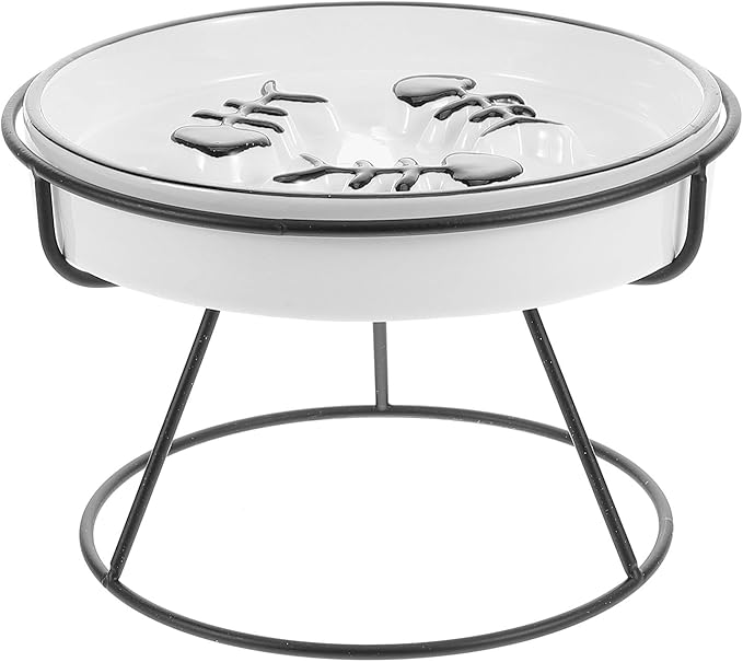 Ceramic Raised Cat Bowl Slow Feeder with Elevated Stand, Anti-Choke Small Pet Food Dish for Indoor Cats and Puppies, Black Three-Fish Design
