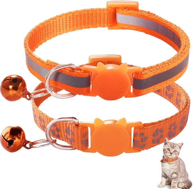 Orange Cat Collars with Bells, 2 Pack Break Away Cat Collar with Bells, Reflective Kitten Collar Safety Quick Release Buckle Breakaway for Boy Girl Pet Cats Kitty