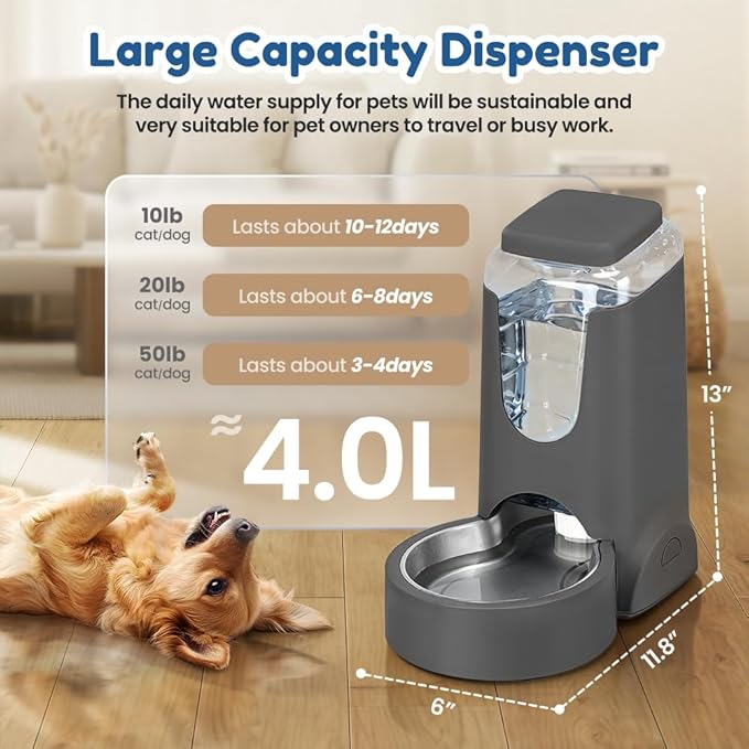 1 Gallon Automatic Cat Feeder Gravity Stainless Steel Water Dispenser Dog Feeder for Small Medium Puppy Kitten Pets Water Feeding Bowls,Charcoal Gray
