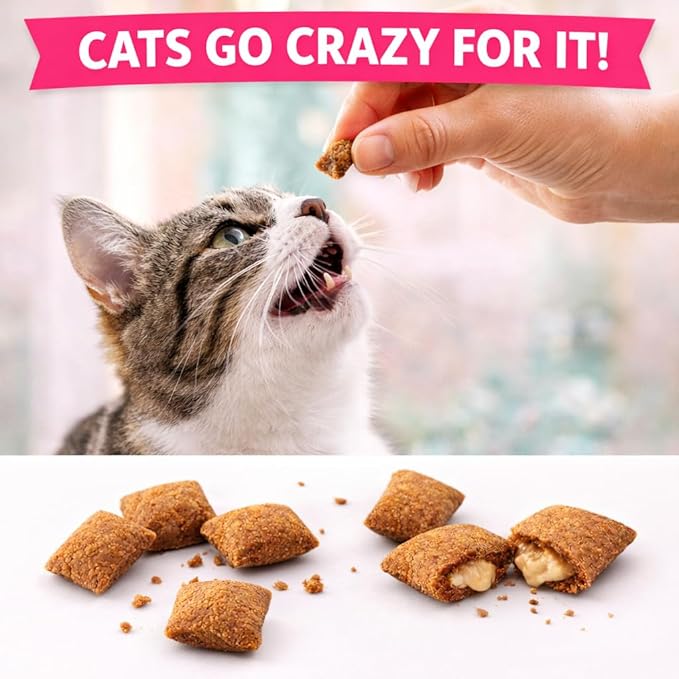 Calming Cat Treats for Indoor Cats – Crunchy Pillow Bites Gooey Center – Chicken Low Calorie Kitty Treats – Cat Snacks Food Topper Training Wheat Soy Free Healthy Dental – 6oz (Packaging May Vary)