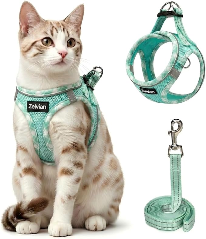 Cat Harness and Leash Set for Walking, Escape Proof Adjustable Soft Mesh Kitten Harness with Reflective Strips, Breathable No-Choke Pet Vest for Small Cats or Puppies(Green,XXS)