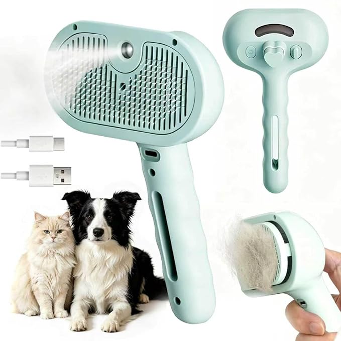 Pet Spray Grooming Brush, Cat & Dog Hair Removal Comb, Electric Mist Deshedding Tool, Self-Cleaning Pet Brush for Shedding, Tangles & Flying Fur Control (Blue)