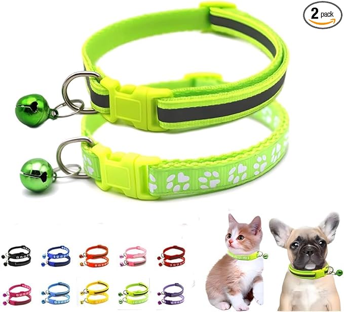 Cat Collar with Bell, 2-Pack Basic & Reflective Cat Collar with Bells for XXS Xs Small Pet Dogs Boy Tiny Kitten Girls Animal,Neck 7-12 Inch (Light Green, Neck 7-12")
