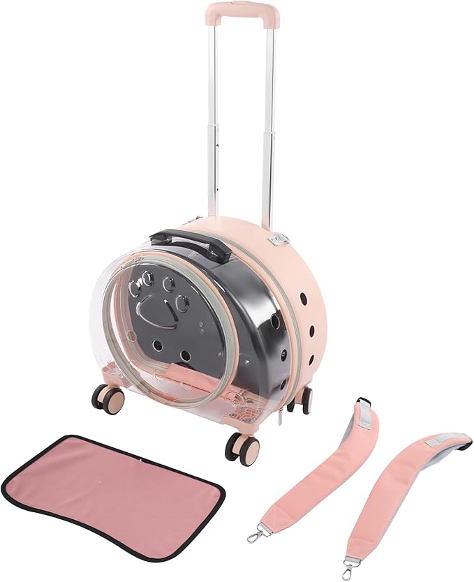 4-Wheel Rolling Cat Carrier, Hard Shell Pet Carrier with Ventilation Holes, Adjustable Handle Cat Travel Carrier, Lightweight Pet Stroller for Airplane, Car, Fits Pets up to 19.8lbs (Pink)