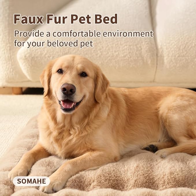 SOMAHE Large Dog Bed Mat, Extra Large Plush Faux Fur Washable Pet Bed for Large Dogs, Non-Slip Fluffy Dog Mat – Machine Washable XL Dog Sleeping Pad for Large Breeds, 35 x 27 Inch Coffee