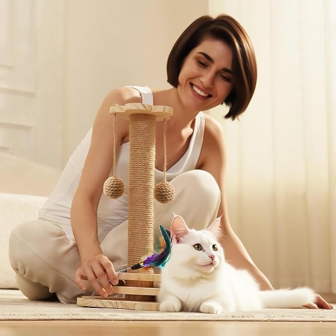 Cat Scratching Post, 4 in 1 Wooden Cat Scratcher Toy, 18.11" Tall Scratch Post with 2 Level Cat Track Balls, Interactive Feather Toy and 2 Sisal Hanging Balls for Indoor Kittens, Adult Cats