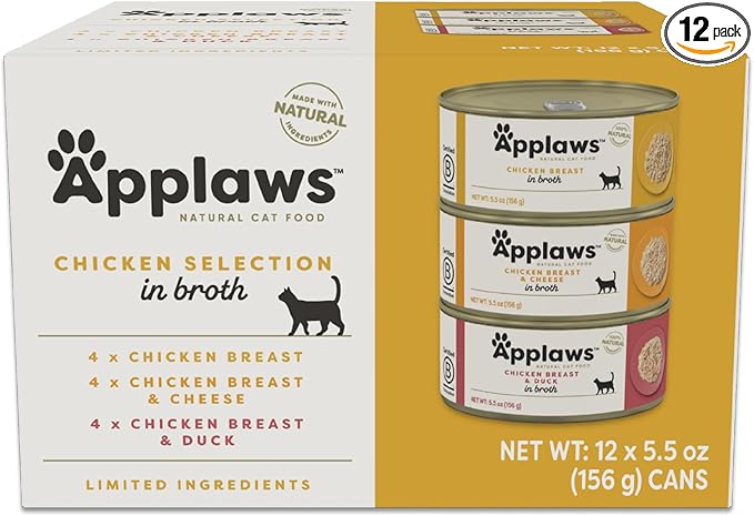 Applaws Natural Wet Cat Food in Broth, Limited and Natural Ingredients, High Protein with No Artificial Additives, Chicken Selection Variety Pack in Broth (12 x 5.5oz Cans)