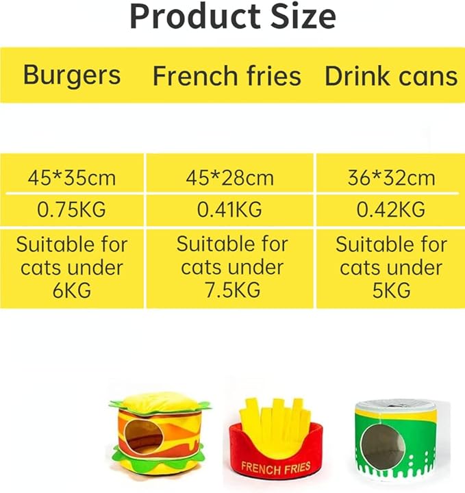 Cat Nest Burger French Fries Shape Cat House Removable and Easy to Clean Cat Sofa Bed Convertible Shape Cat and Dog Nest (French Fries)