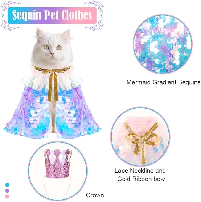 Vellibring 2 Packs Halloween Cat Costumes, Small Funny Sequins Halloween Cat Wizard Cape Adjustable Pet Wizard Cloak for Little Dogs Cats Puppy Halloween Cosplay Party