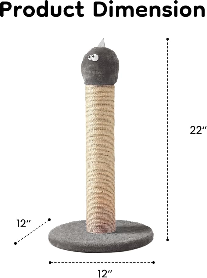 Cat Scratching Post 22'', Scratching Post with Extra Wide 12" Heavy Duty Base for Indoor Kitty, Scratching Post with Natural Sisal & Velvet Fabric for Small, Medium Cat, Grey