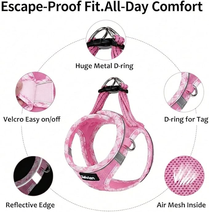 Cat Harness and Leash Set for Walking, Escape Proof Adjustable Soft Mesh Kitten Harness with Reflective Strips, Breathable No-Choke Pet Vest for Large Cats or Small Dogs(Pink,L)