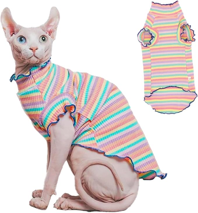 Sphynx Cat Clothes, Hairless Cat Shirt, Soft Stretchy Sweater for Cats, Breathable Cat Daily Outfit, Cat Pullover for Cornish Rex, Devon Rex (Rainbow Stripe, M (3.5-5lbs))
