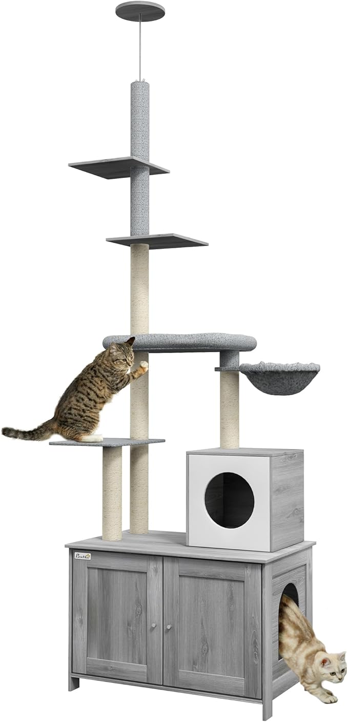PawHut Cat Tree with Litter Box Enclosure, 2 in 1 Floor to Ceiling Cat Tower Furniture for Indoor Use, Includes Condo, Bed, Hammock, Scratching Posts, and Multiple Platforms, Gray