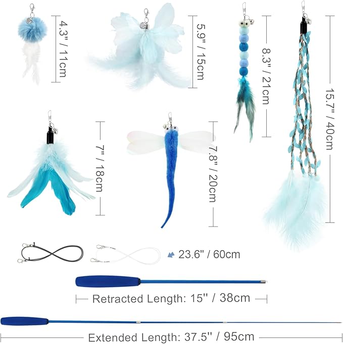 SONGWAY Cat Wand Toys for Indoor Cats - Cat Toy Set with Retractable Teaser Wand and 6 PCS Fairy Feather Toy Refills, Dragonfly Tassel Plush Cat Toys Interactive, Blue