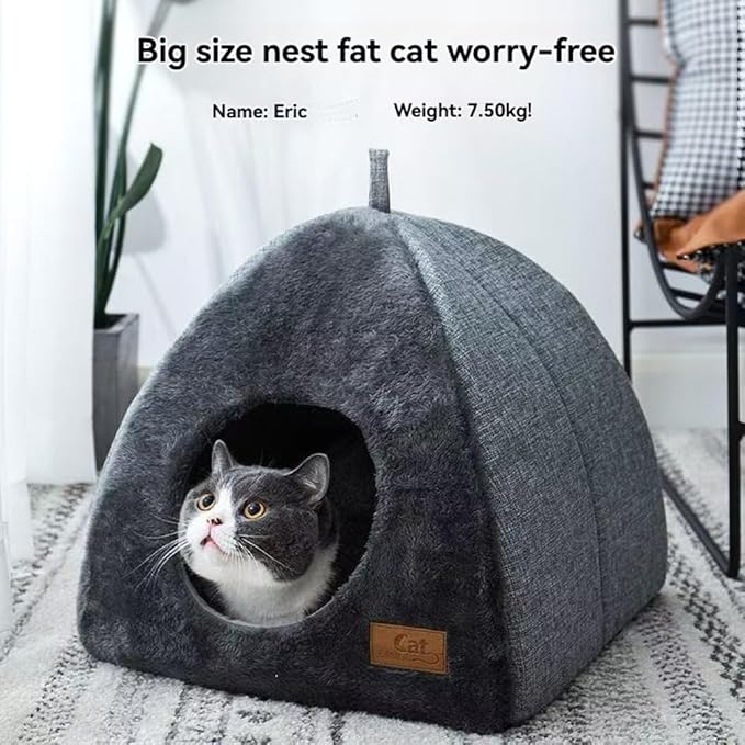 Cozy Plush Cat Cave Bed, Gray, Indoor Self-Warming Enclosed Pet House with Non-Slip Bottom