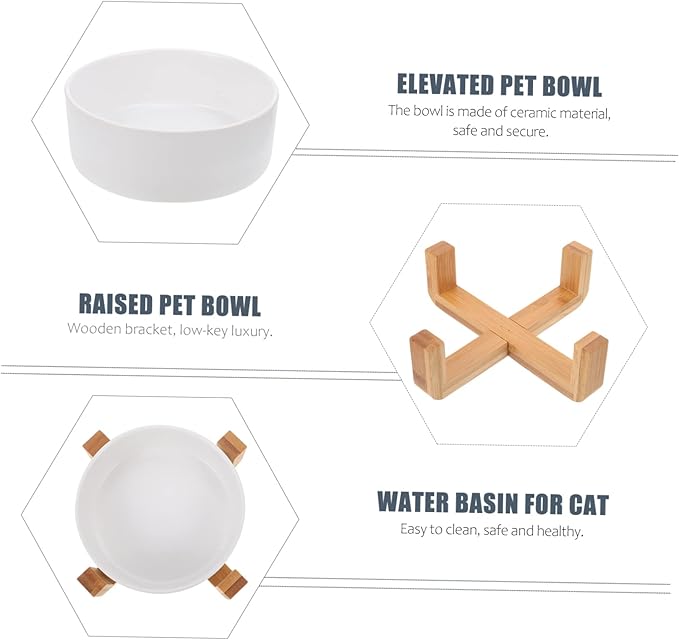 Practical Elevated Dog Bowl Ceramic Cat Feeding Watering Supplies Structure Non-Slip Wooden Shelf