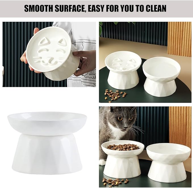 Homoyoyo Raised Ceramic Cat Food Bowl Neck Protection, Elevated Slow Feeder Dish for Kitten Feeding and Watering, Ergonomic Pet Bowl for Cats and Small Dogs