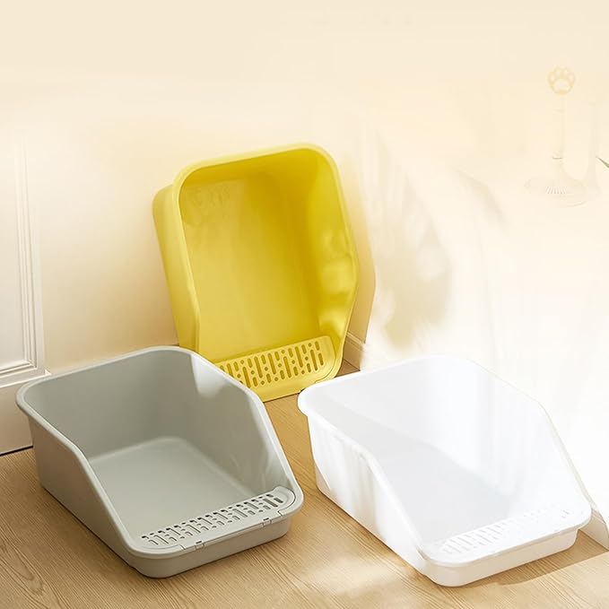 SpaceTime Large Cat Litter Box with High Sides,Cat Boxes for Indoor Cats,Cat Litter Pan for Kitty,Litter Box with Low Entry,Easy to Clean,Anti-Splashing(Grey-Yellow)