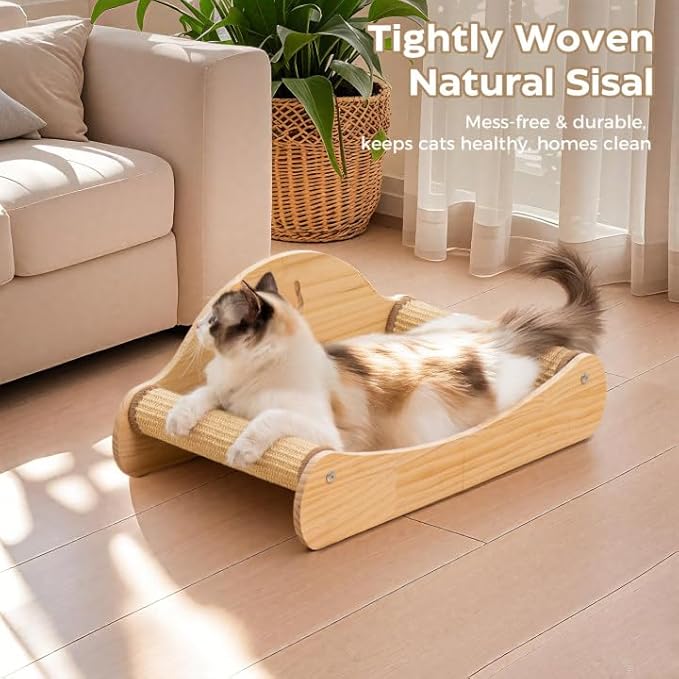 Avont Sisal Cat Scratcher Bed for Indoor Cats, Solid Wood Cat Scratching Lounge, No-Mess Horizontal Scratcher -Large