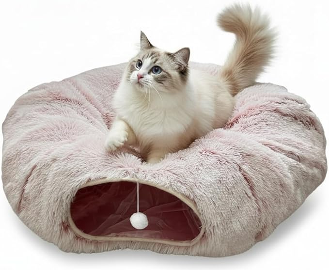 AUOON Cat Tunnel Bed for Indoor Cats - Large Cat Donut Tunnel with Hanging Ball Toy, Collapsible 2-in-1 Multifunctional Interactive Cat Toy for Kitten, Puppy, Rabbit, Ferret (Light Pink)
