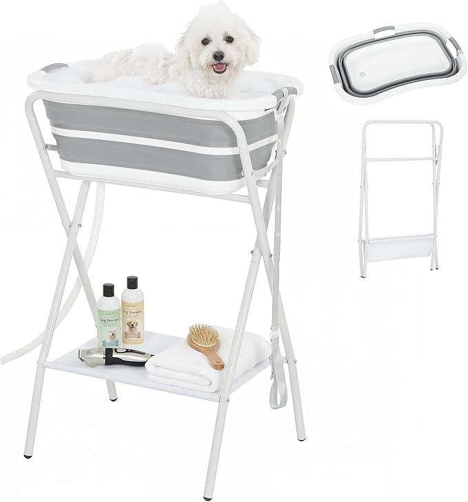 PawHut 2 in 1 Dog Bath Tub, Dog Washing Station for Bathing and Grooming, Elevated Shower Bath Tub, Collapsible Foldable Portable Bathtub for Small Dogs Puppy Cats Pet, Indoor and Outdoor