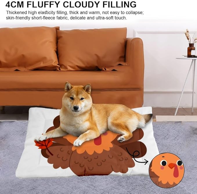 Autumn Leaf Turkey Illustration Pet Dog Cage Mat Dog Bed Chew Proof Bed for Cage Tough Non- Slip Bottom Furniture for Pet Multi- Scenario Pad Gift Printed Cat Pad 36× 24 Inch