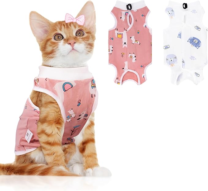 Coppthinktu 2 PCS Cat Recovery Suit for Spay Abdominal Wounds Cat Onesie for Cats After Surgery Recovery Suit Female Breathable E-Collar Alternative Kitten Onesie Anti Licking Small