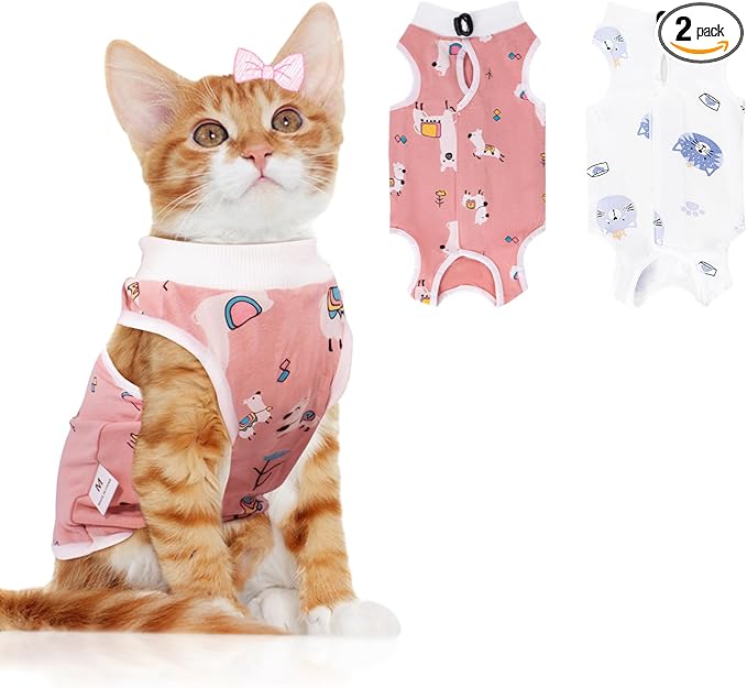 2 PCS Cat Recovery Suit Female Cat Onesie for Cats After Surgery Spay Abdominal Wounds, Kitten Recovery Suit Female Breathable E-Collar Alternative Kitten Onesie Anti Licking Large