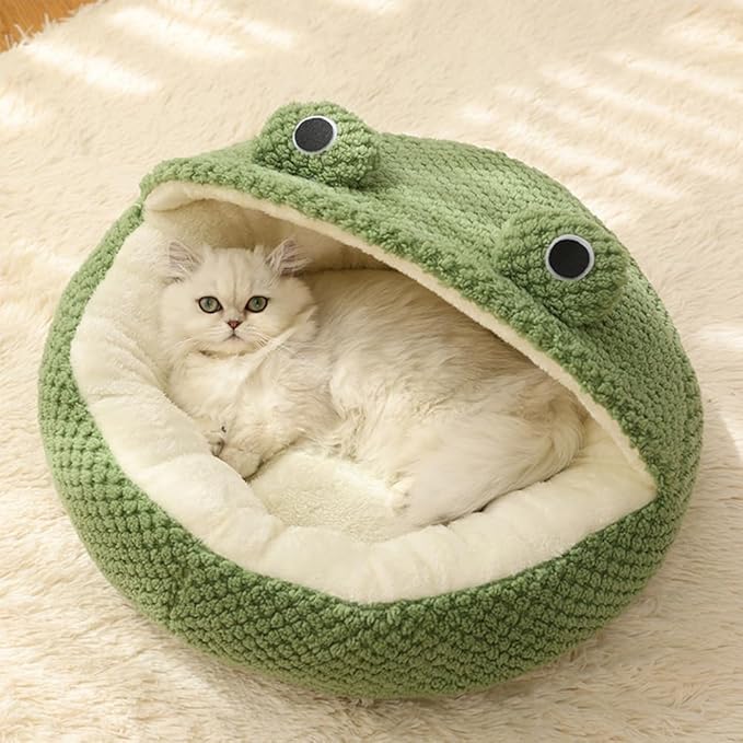 Frog Shape Cat Bed & Hideaway - Semi Closed Nest, Plush, Washable, Dog Cave & Kitten Rabbit Cat Beds
