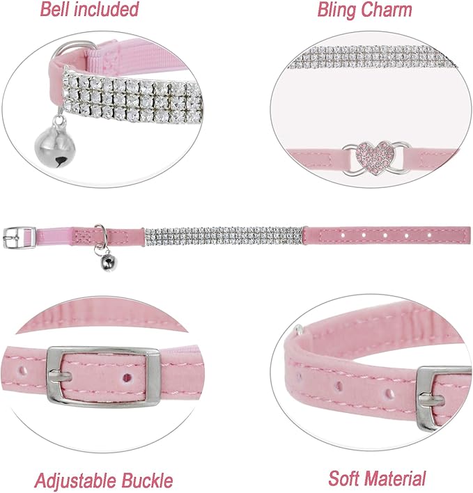 Pink Cat Collar with Bells 2 Pack, Rhinestone Kitten Collar Girl, Bling Heart Small Dog Collar