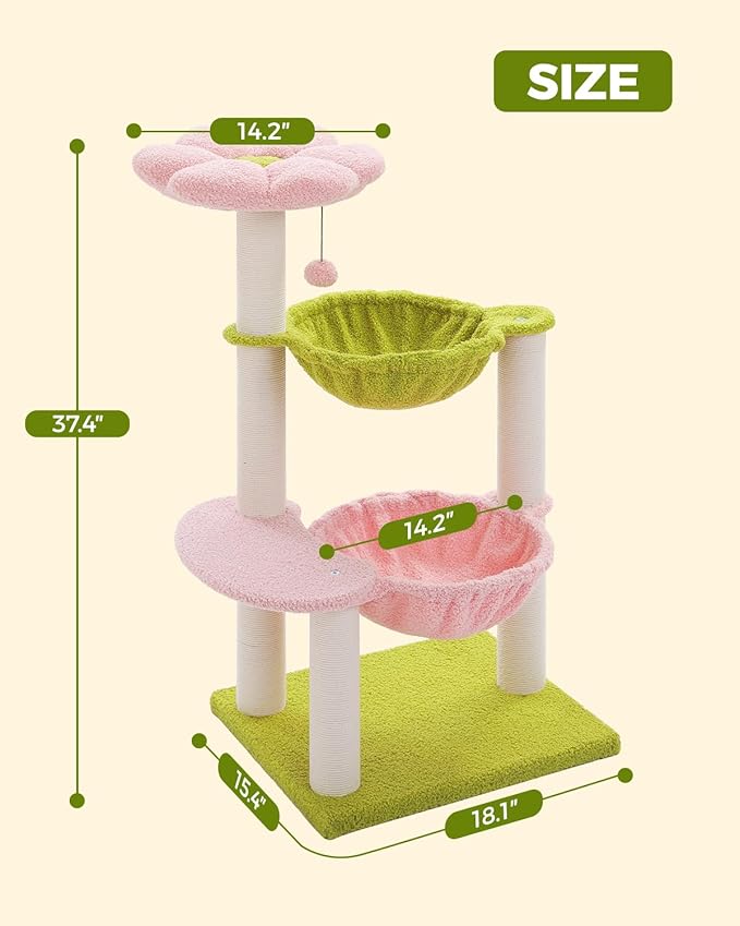 MUTTROS Flower Cat Tree with 2 Large Hammocks, 37.4" Small Cat Tower for Indoor Kitty with 6 Scratching Posts, Cute Cat Tree with Flower Top Perch, Pink