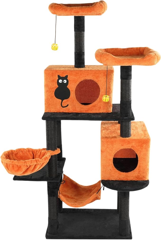 61" Halloween Cat Tree, Large Cat Tower with 2 Spacious Cat Condos, 2 Padded Perches, 2 Hammocks, Scratching Posts, Hanging Toy, Multi-Level Cat Activities Furniture for Large Cats (58 * 44 * 155CM)