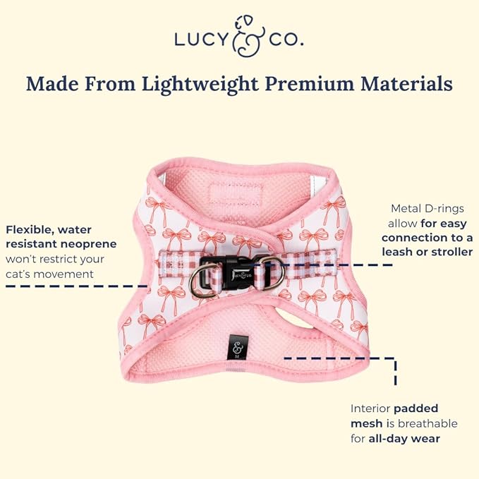 Lucy & Co. Take a Bow Step-in Cat Harness & Leash Bundle for Cats, Kittens & Small Dogs Reflective, Breathable & Adjustable, Lightweight & Secure with Dual Leash Clips Small, Neoprene & Mesh