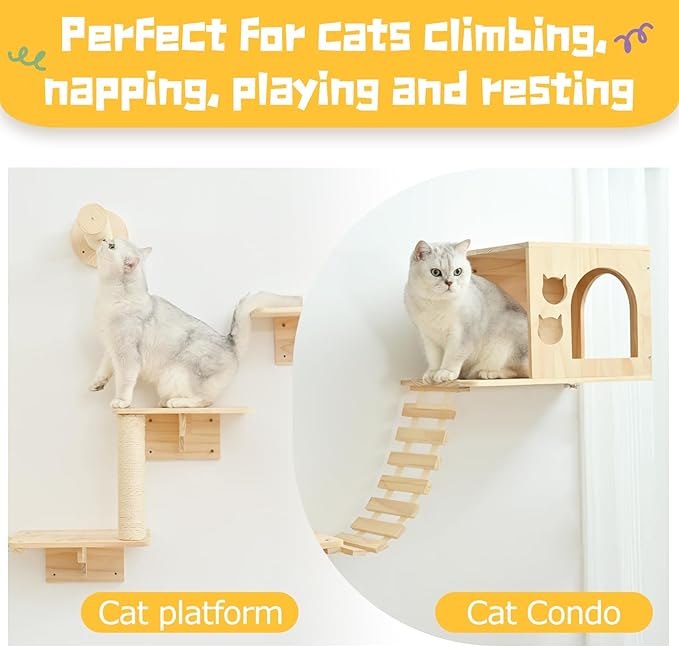 Cat Wall Shelves 9pc with 2 Wooden Condos, Wall Mounted Cat Furniture for Large Cats, Cat Climbing Wall Perch with Scratching Posts, Space Saving Cat Activity Tree