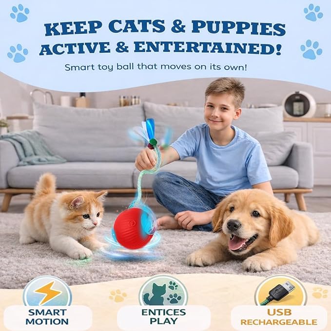 GlowPounce Interactive Rolling Ball Toy for Indoor Cats & Small Dogs – Motion-Activated Smart Moving Ball with LED Lights – Rechargeable Automatic Play Toy for Cats, Kittens & Puppies, Pink