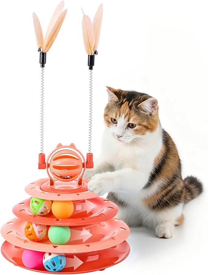 Cat Turntable Toy Ball - Interactive Kitten Toys & Toys for Indoor Cats with 6 Colorful Balls & 2 Cat Teaser Wands, Fun Mental & Physical Exercise Puzzle Plaything for Kitty Kitten to Play (Pink)
