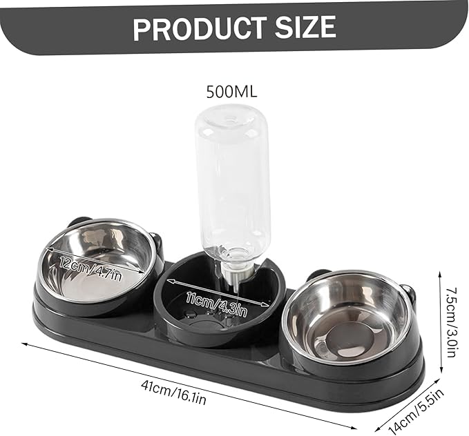 Cat Food and Water Bowl Set, 3 Bowl Cat Feeding Station with Automatic Water Dispenser, Elevated Tilted Bowls for Easy Eating, Black..