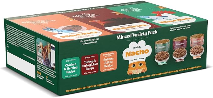 Made by Nacho Premium Minced Wet Canned Cat Food with Hydrating Bone Broth 5.5oz (12 Packs) (Variety Pack (Turkey & Turkey Liver, Chicken & Herring, and Salmon & Sole))