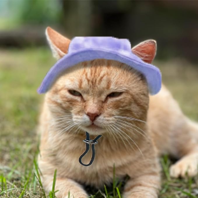 Pet Hat with Ear Holes Sunscreen Cap, Adjustable String Dog Cat Summer Sun Hat,Cat Dog Bucket Hat for Birthday Party Costume Decoration Outdoor Hiking (Purple, Medium)