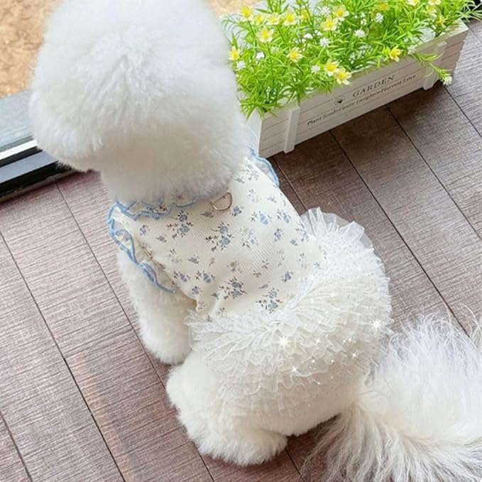 Summer Pet Dress for Small Dogs Cats, Ice Silk Cotton Floral Print Tutu Skirt with Built-in D-Ring, Breathable Sleeveless Puppy Kitten Outfit for Daily Walk and Photo (Blue-Tutu, X-Small)