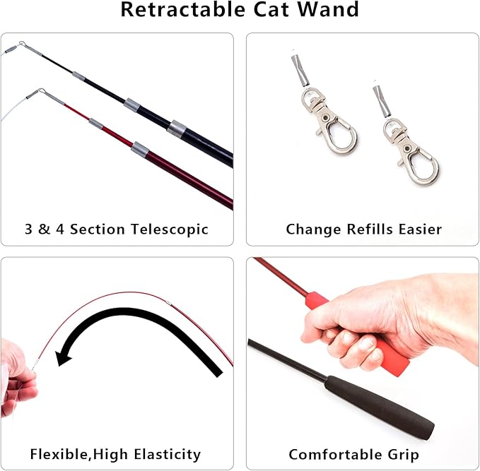 miwoowim Interactive Cat Wand Toy Set – 2 Retractable Wands (37" & 49") with 11 Refills Attachments – Feather Toys, Plush Bird, Worms, Insect & Swallow – Cat Teaser Toys for Indoor Cats & Kittens