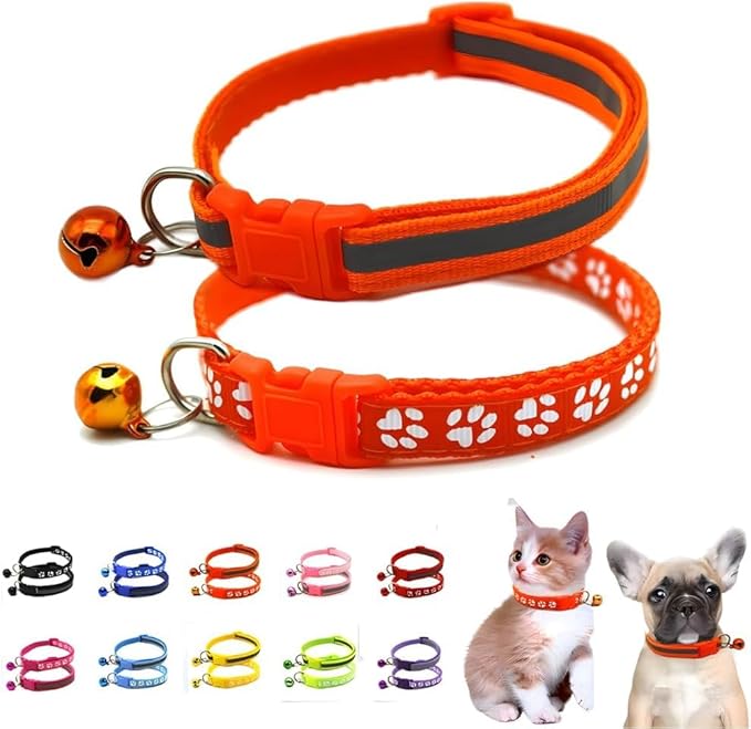 Puppy Collar with Bell, 2-Pack Basic & Reflective Cat Collar with Bells for XXS Xs Small Pet Dogs Boy Tiny Kitten Male Animal, Neck 7-12 inch (Orange)
