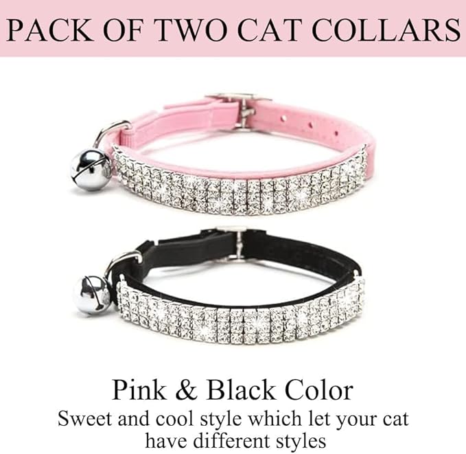 BINGPET 2 Pack Diamond Cat Collar with Bell, Adjustable Soft Velvet Bling Rhinestone Cat Collar, Sparkly Kitten Collar with Metal Buckle and Safety Elastic for Small Medium Cats, Pink & Black