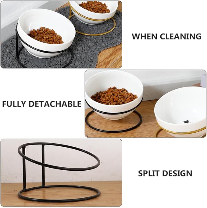 TOYANDONA Ceramic Pet Food Bowl Iron Raised Slant Stand, Elevated Cat Dog Feeder Bowl for Spine Protection, Suitable for Household Feeding and Watering Random Style