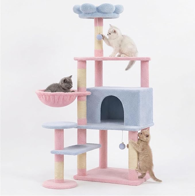 Flower Cat Tree 56 Inches，Large Cat Tower with Detachable Flower Cushions and Hiding Condo, Blue and Pink Cat Tree with Hammock Bed, Interactive Toys and Scratching Posts for Indoor Cats