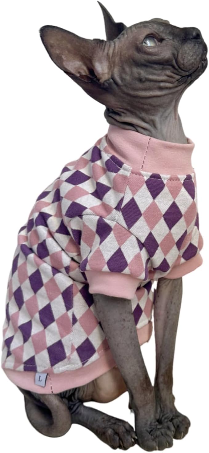 Vintage Mulan Cotton Sphynx Hairless Cats Shirt Cat Turtleneck Pet Clothes Kitten T-Shirts with Sleeves for Sphynx Cornish Rex, Devon Rex, Peterbald (Rhombus Pink, X-Large)