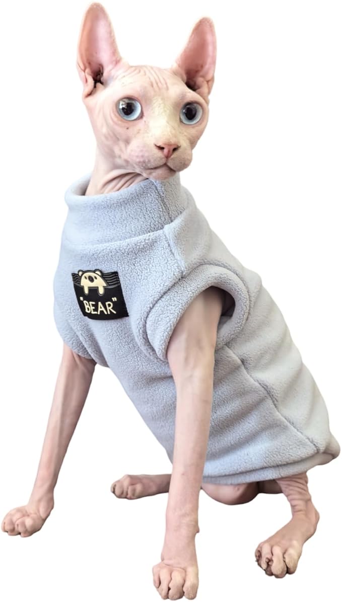 Sphynx Cat Clothes Hairless Cat Warm Fleece Vest Elastic Winter Sweater Outfit, Pet Clothes for Sphynx Cat Coat for Cats and Small Dogs Apparel, Hairless cat Shirts Sweaters (Sky, Small)